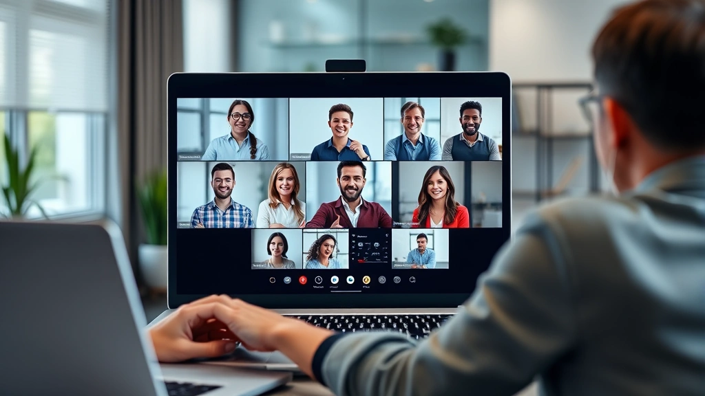 Person on video call with colleagues using laptop, remote team collaboration, diverse group on screen, modern home office bac