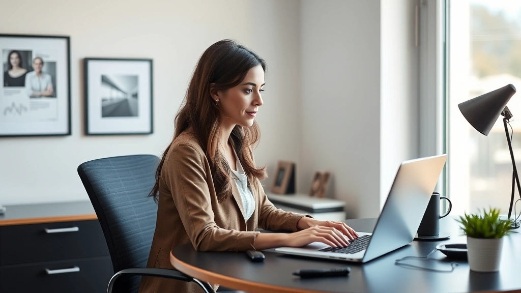 Professional woman working at home office desk with laptop, natural window lighting, ergonomic setup, peaceful focused expres