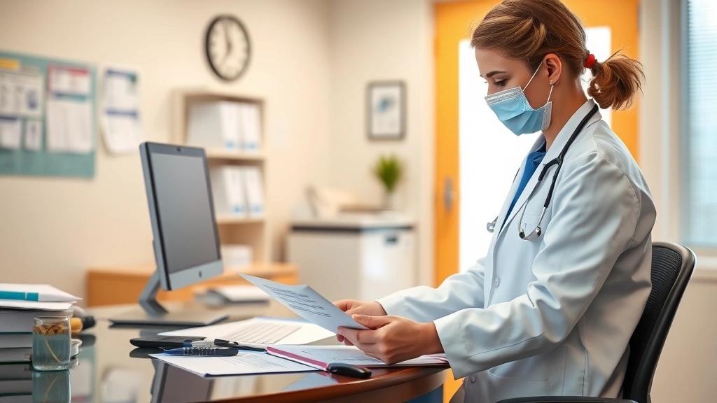 Healthcare provider in white coat reviewing medical documents at desk, professional medical office setting, warm lighting