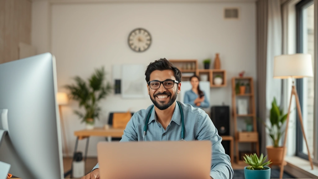 Diverse person video calling on computer, home office background, modern apartment, productive work environment