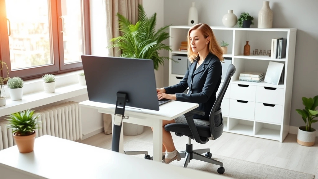 Professional woman working at home office desk with laptop computer and ergonomic chair, natural daylight from window, peacef