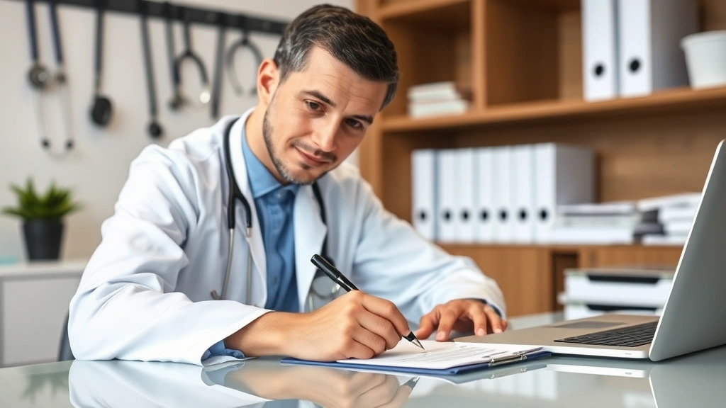 Doctor healthcare provider writing medical letter at desk with stethoscope and laptop, professional office environment with m