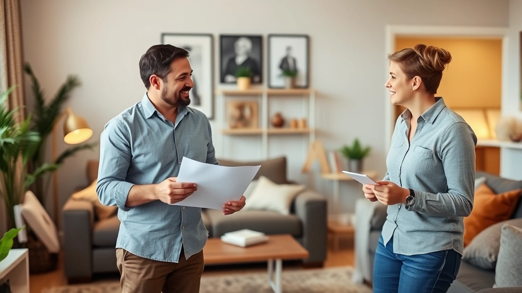 Landlord and tenant having friendly conversation in apartment living room, both holding documents, positive collaborative dis