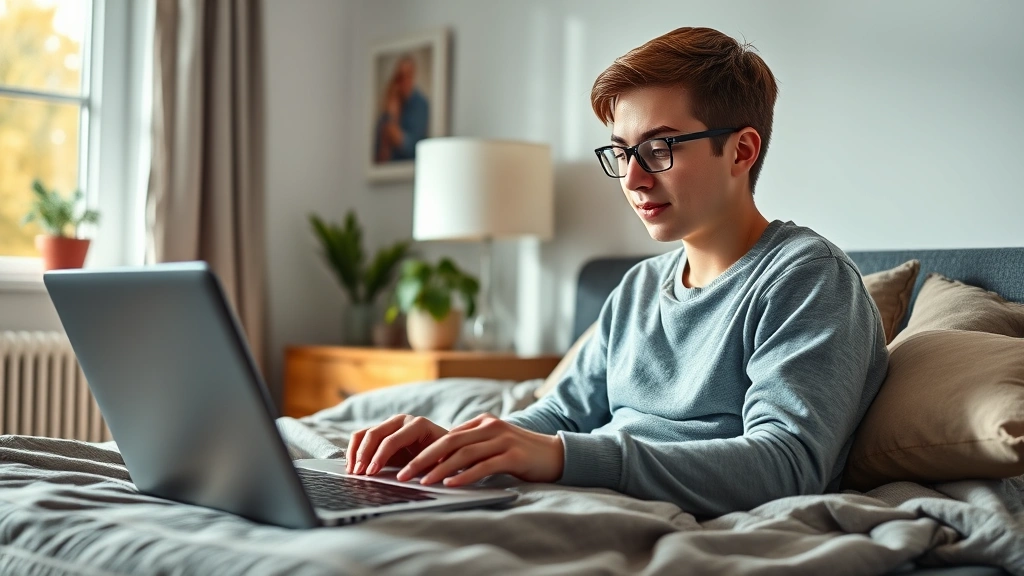Student studying at home on laptop in comfortable bedroom with natural light, healthy and focused expression
