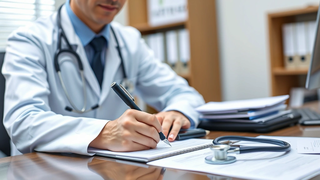 Healthcare provider writing notes at desk with stethoscope and medical documents visible, professional office setting