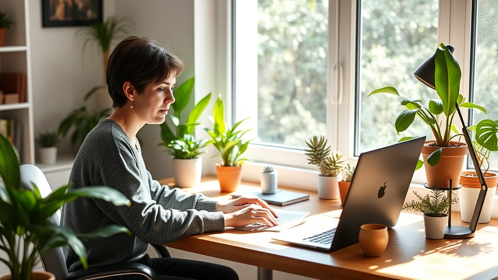 person working from home at desk with laptop, natural lighting, plants visible, calm focused expression, comfortable ergonomi