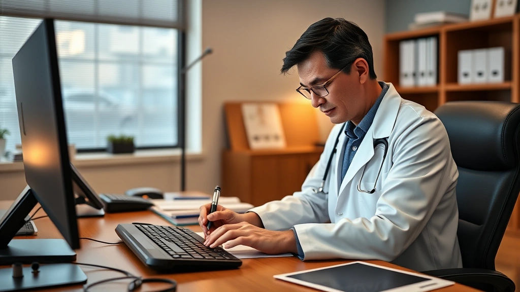 healthcare provider in white coat writing notes at desk, professional office setting, warm lighting, typing on keyboard with