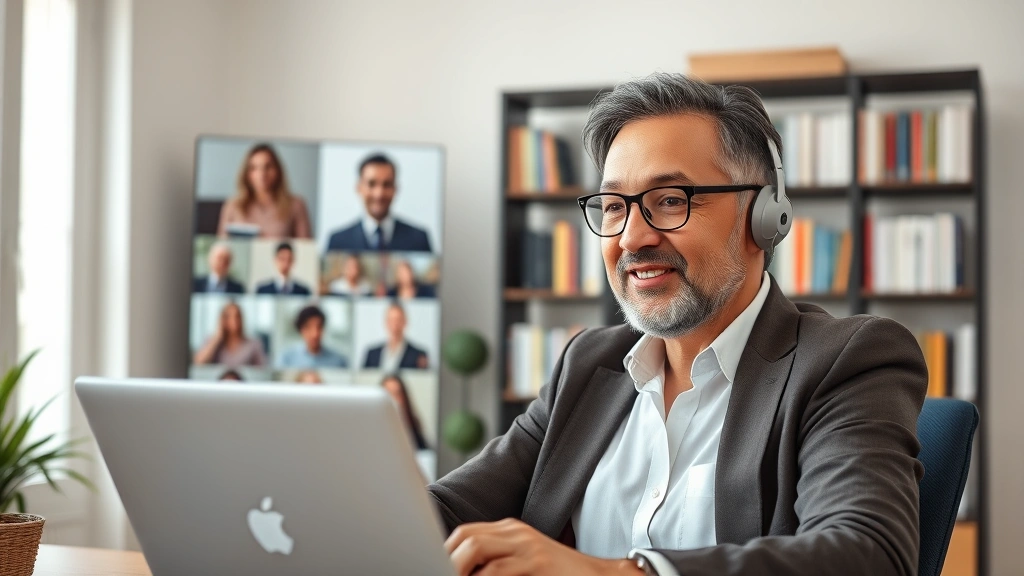 diverse professional on video call using laptop, home office background with bookshelf, engaged expression, professional appe