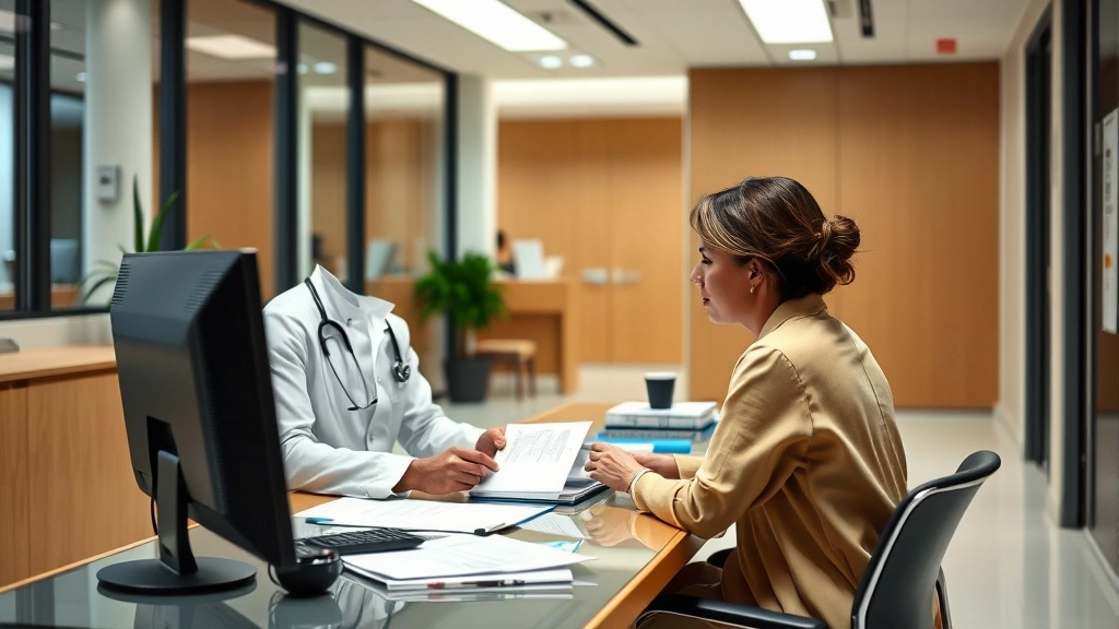 Professional healthcare provider at desk reviewing patient medical documentation in modern clinic office setting