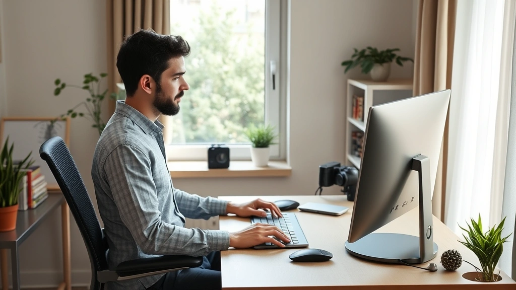 Person working at home office desk with ergonomic setup, natural lighting from window, comfortable and controlled environment