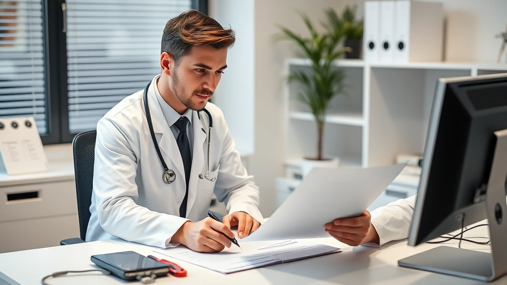 Doctor in white coat reviewing medical documents at desk with stethoscope and computer