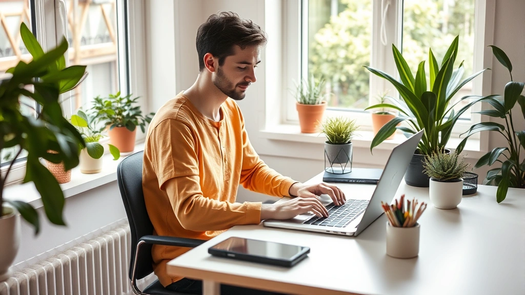 Person sitting at home desk working on laptop near window with plants and natural light