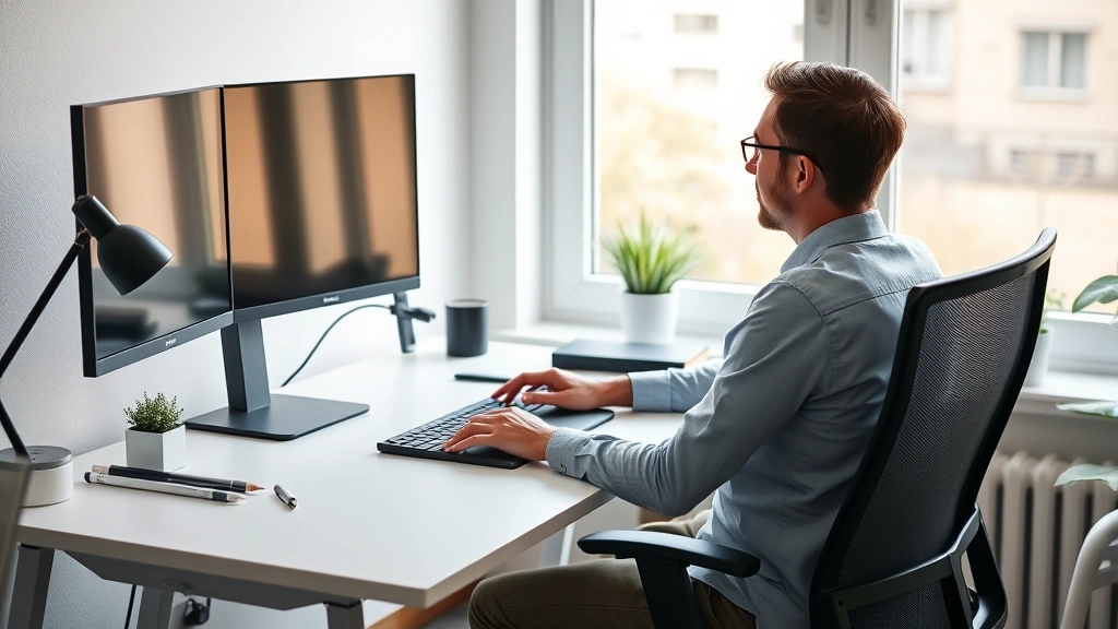 Person working at ergonomic home office desk with monitor and comfortable chair, natural window light, calm professional work