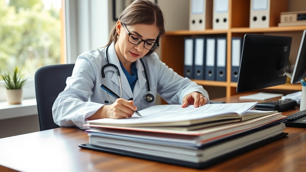 Healthcare provider writing medical documentation at desk with patient file, stethoscope visible, supportive professional env