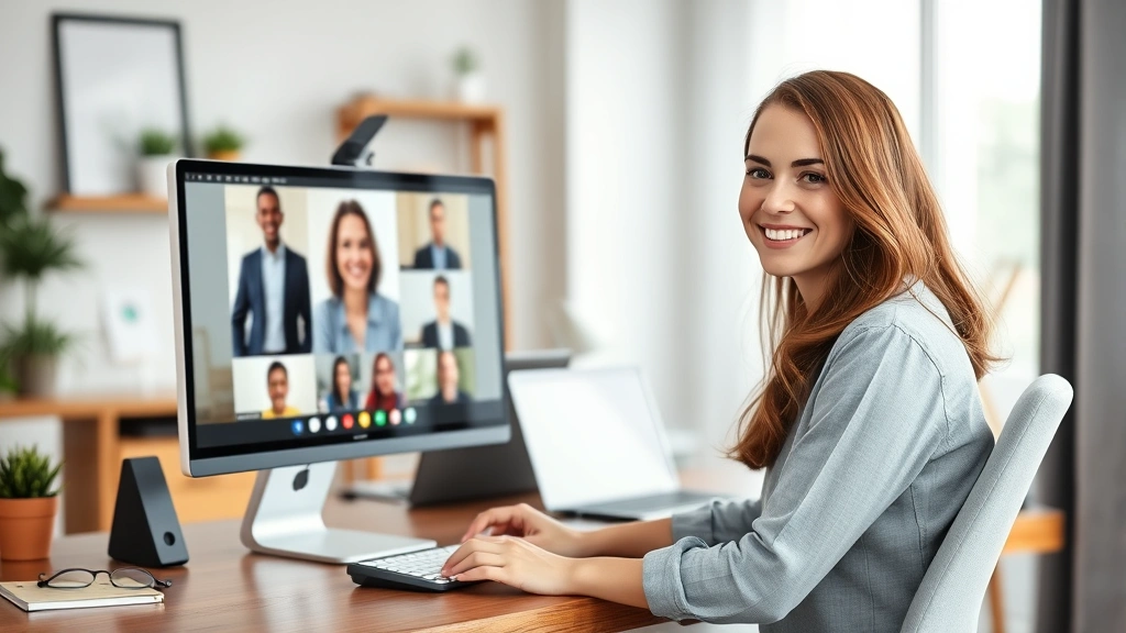 Woman on video conference call from home office, smiling at computer screen, professional background, productive remote work