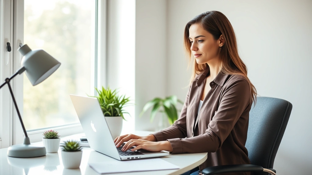 Professional woman working from home office on laptop with natural sunlight through window, comfortable ergonomic setup, well