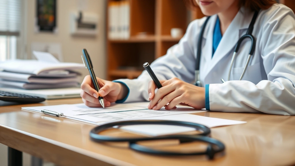 Healthcare provider at desk writing medical documentation with stethoscope visible, professional clinic environment, medical