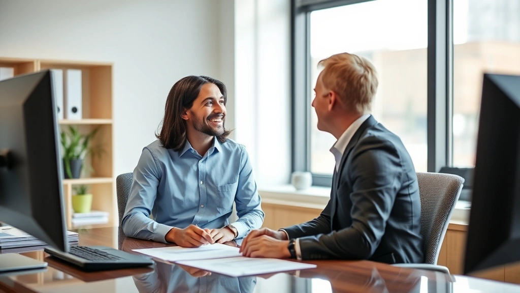 Employee having positive conversation with HR manager in office, both smiling, documents on desk, collaborative accommodation