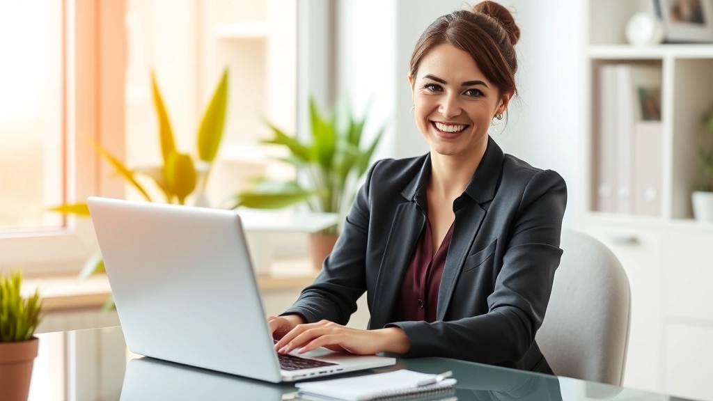 Professional woman with laptop working from home office near window with natural light, smiling and healthy looking