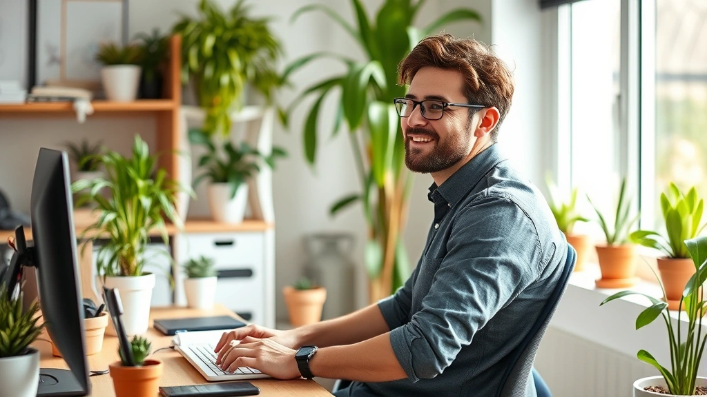 Diverse person in comfortable home workspace with ergonomic setup, plants, natural daylight, appearing relaxed and focused