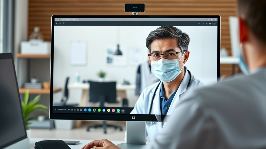 Healthcare provider during virtual telehealth consultation on computer screen, professional medical setting visible in backgr