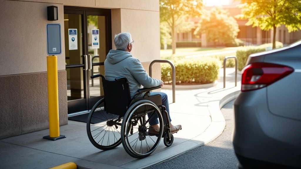 Person in wheelchair accessing a reserved accessible parking space near a building entrance, bright natural lighting, accessi