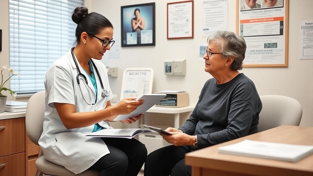 Healthcare provider discussing medical documentation with patient in clinical office setting, professional and supportive atm