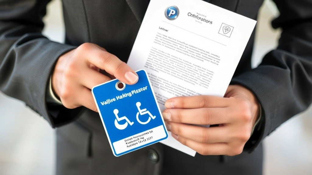 Close-up of hands holding a valid handicap parking placard and medical documentation letter, clear readable text on placard,