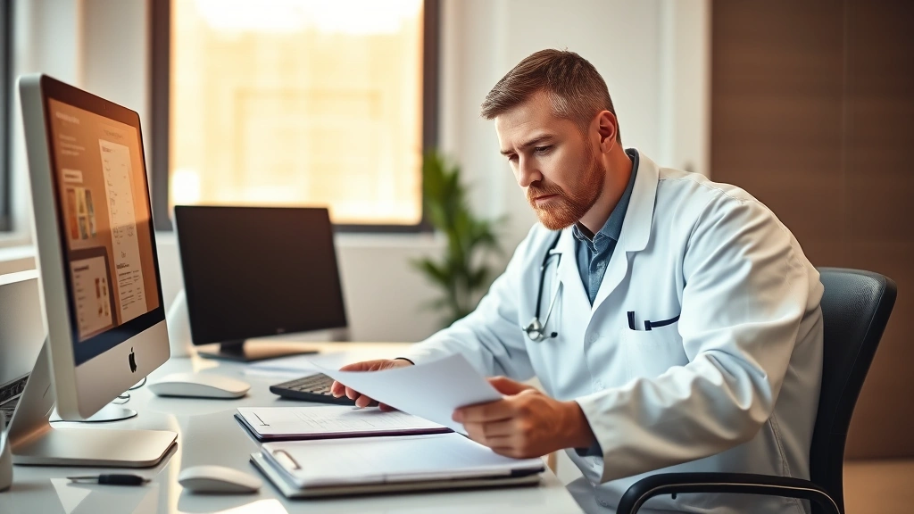 Healthcare professional in white coat reviewing medical documents at desk with stethoscope and computer, warm clinical lighti