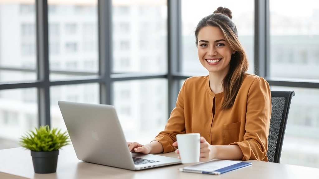 Professional woman at desk smiling with laptop and coffee, returning to modern office environment with windows