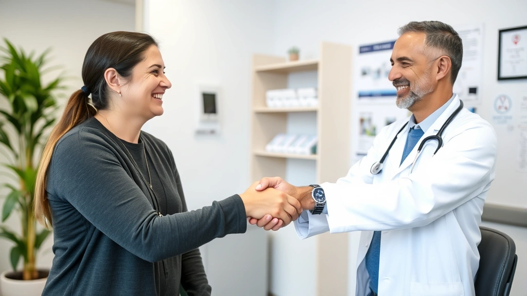 Doctor shaking hands with patient in medical office, both smiling, representing approval and clearance confirmation