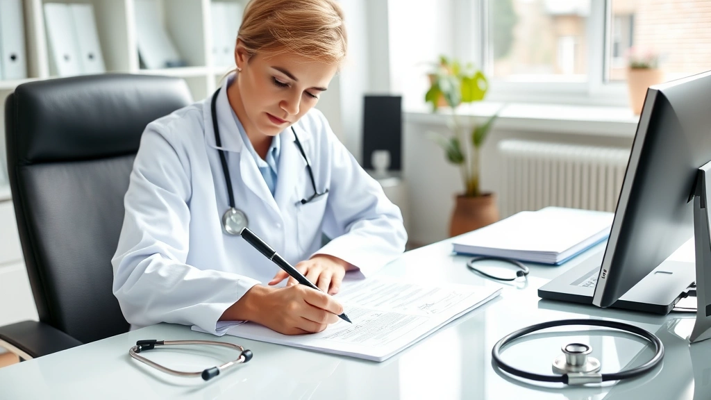 Healthcare professional in white coat writing medical documentation at desk with stethoscope nearby, bright office setting