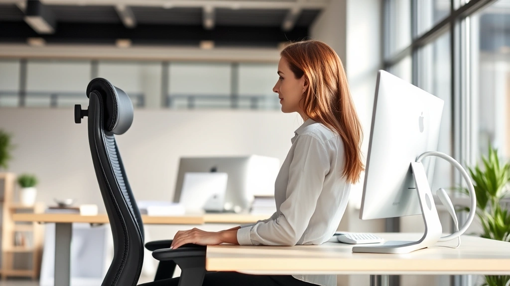 Professional woman sitting at ergonomic workstation with proper posture, adjustable chair, monitor at eye level, natural ligh