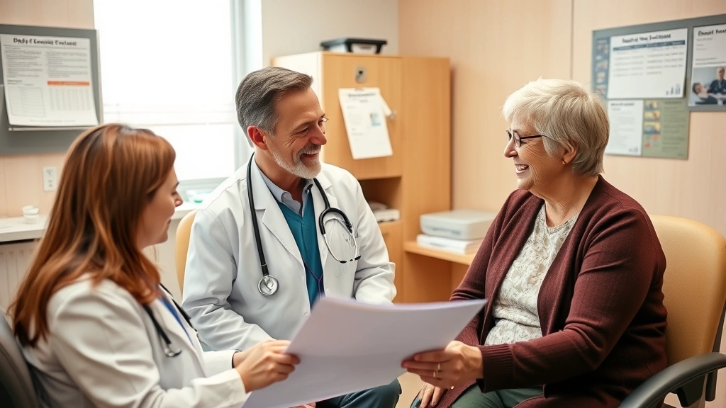 Doctor and patient discussing recovery plan in clinical office, both smiling, medical charts visible, warm professional atmos