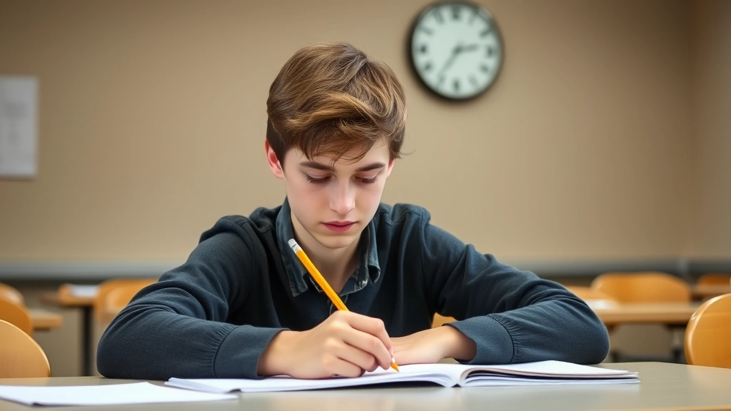 Student taking SAT test in quiet room with clock visible, focused and calm at desk with pencil