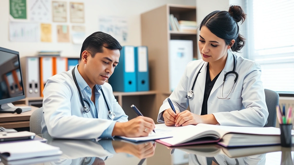 Healthcare provider in office writing medical documentation at desk with patient file visible
