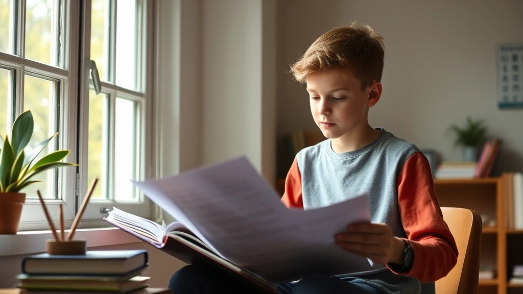 Young student reading test materials with concentration, natural lighting from window in study environment