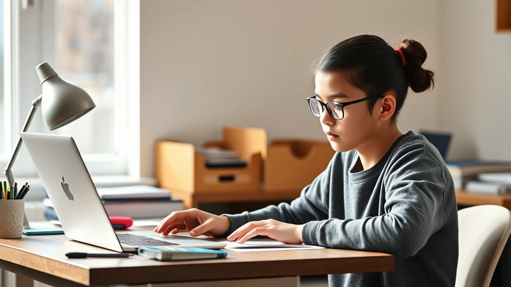 Student studying at desk with laptop and accommodation materials, natural lighting, focused expression, health-conscious work