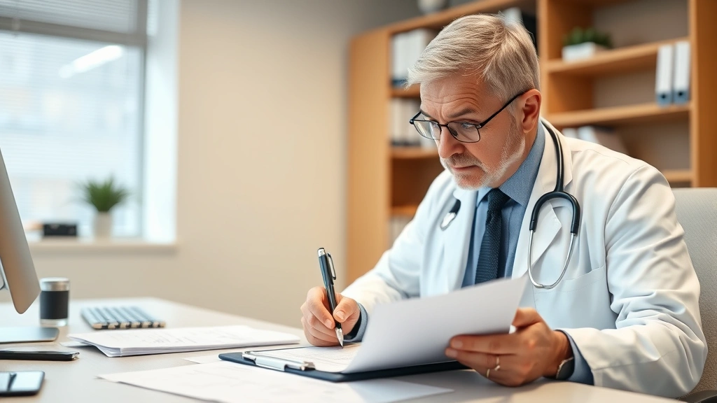 Doctor reviewing medical documents at desk with stethoscope, professional office environment, writing notes on clipboard