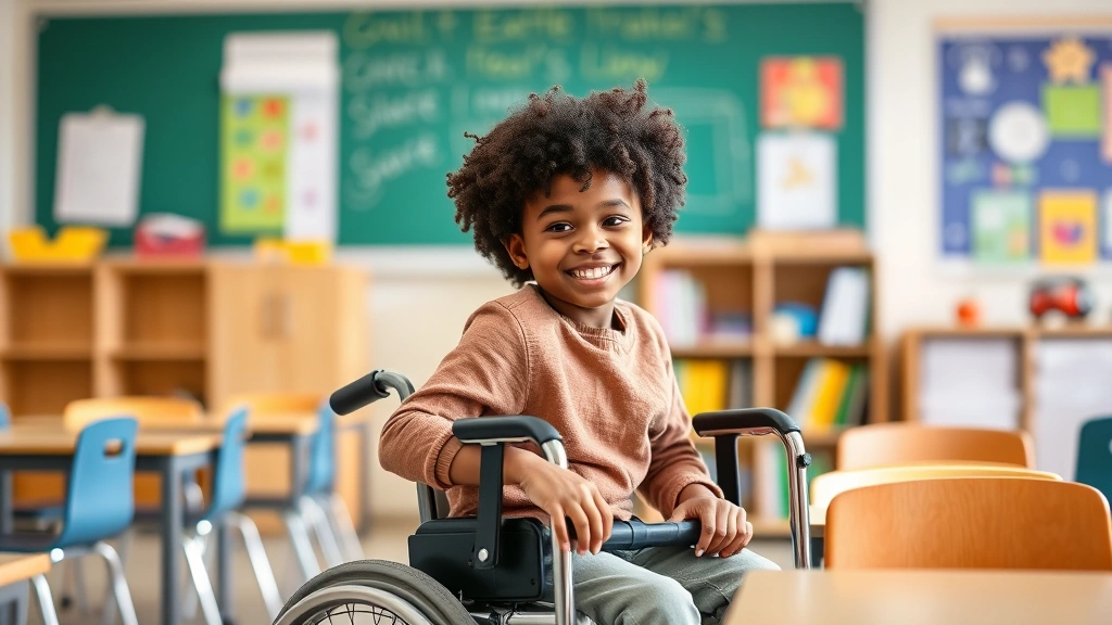 Diverse student in accessible classroom with mobility aid and supportive learning environment, inclusive educational setting