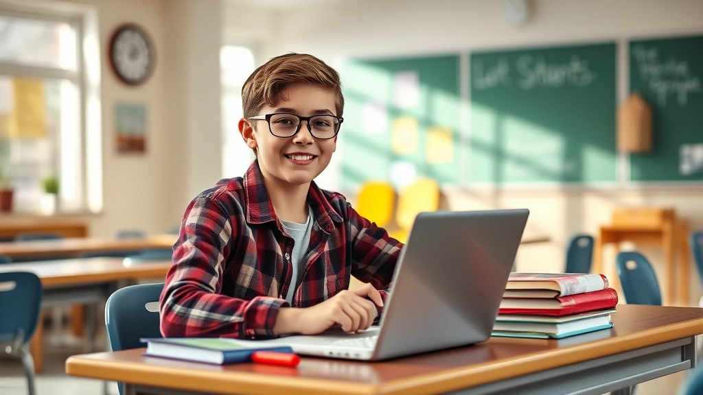 Student sitting at desk in bright classroom studying with textbooks and laptop looking confident and focused