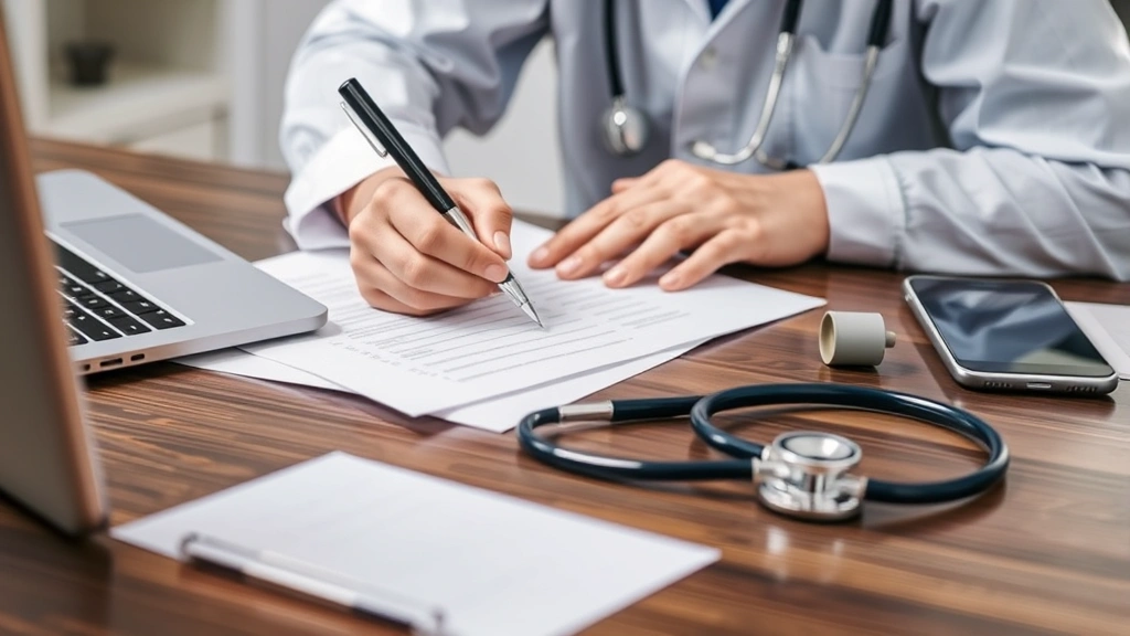Healthcare provider writing medical documentation at desk with stethoscope and patient file visible on table
