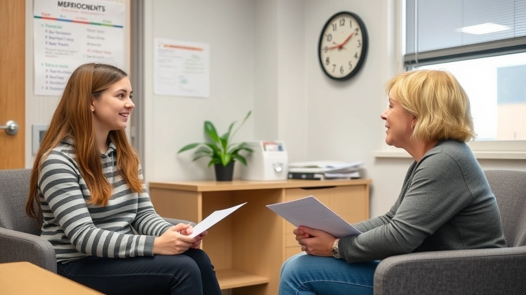 Young student meeting with school counselor in office discussing accommodation plan with supportive conversation