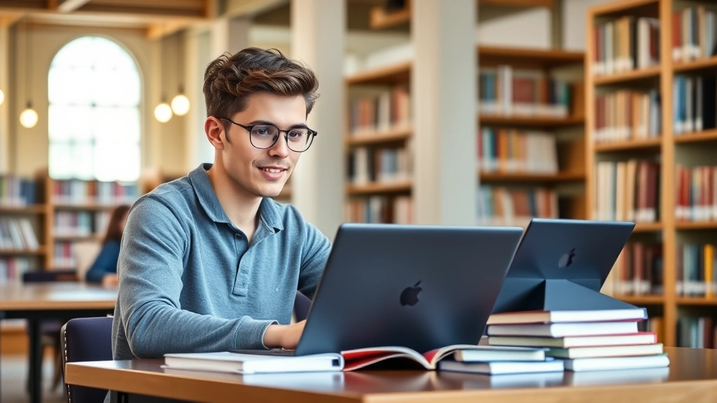 Student sitting at desk studying with laptop and textbooks in bright university library setting