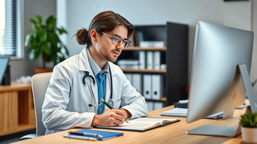 Healthcare provider in office writing medical documentation at computer desk with professional background