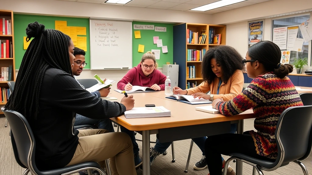 Diverse students collaborating in accessible classroom with accommodations like large print materials and quiet study space