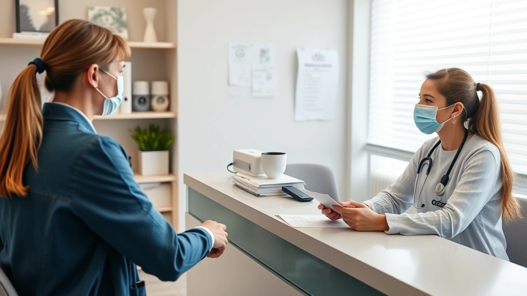 Student meeting with healthcare provider at medical office desk discussing accommodation letter
