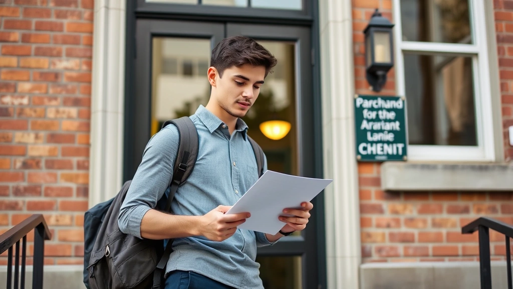 Young person with backpack at apartment building entrance reviewing rental documents