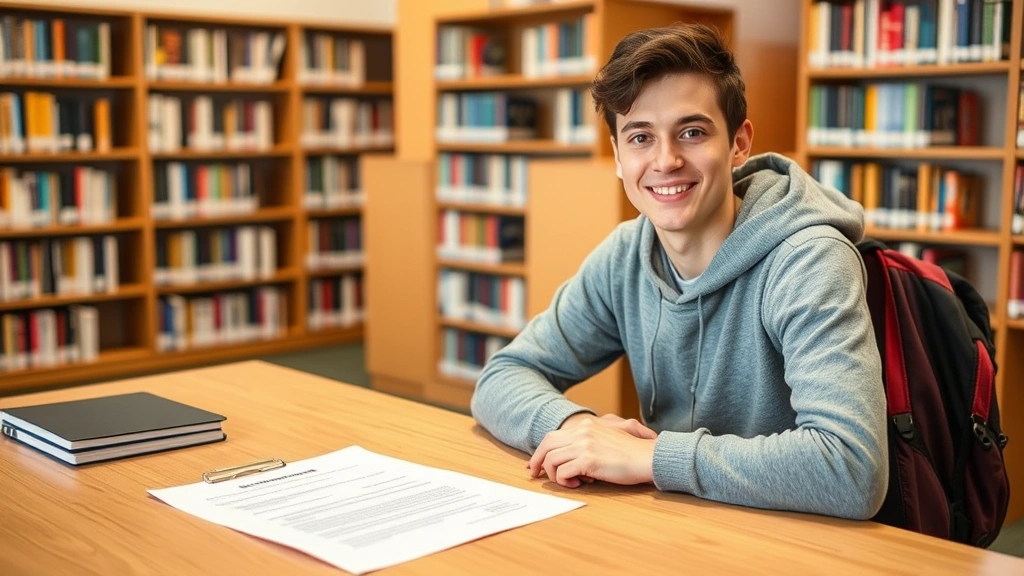 College student sitting at library desk with accommodation letter and campus housing paperwork