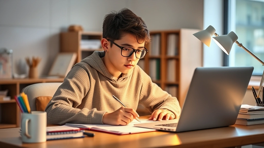 Student studying at desk with laptop and papers, warm lighting, focused expression, accessible workspace setup